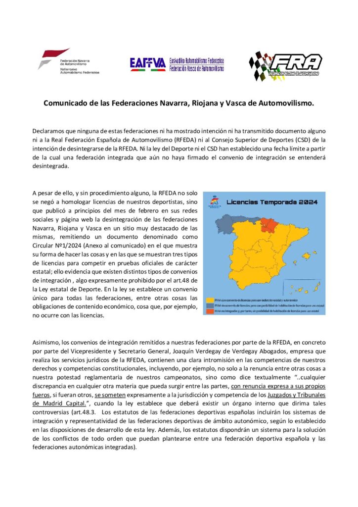 COMUNICADO FEDERACIONES NAVARRA, RIOJANA Y VASCA